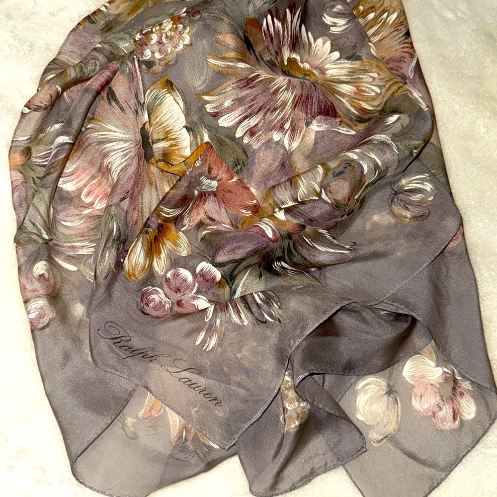 Ralph Lauren Grey Floral Square Scarf Muted Earth Tones Sheer Designer Wrap